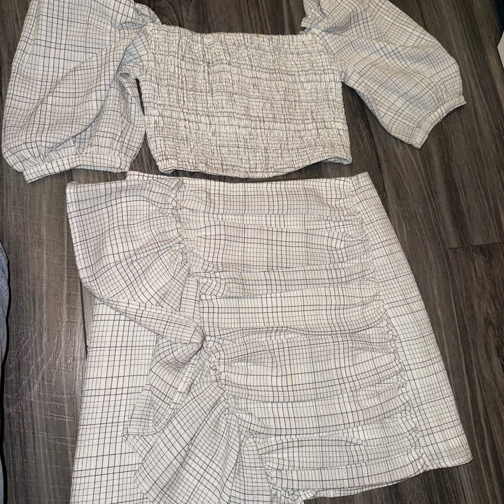 Plaid Puff Sleeve Top and Skirt Set